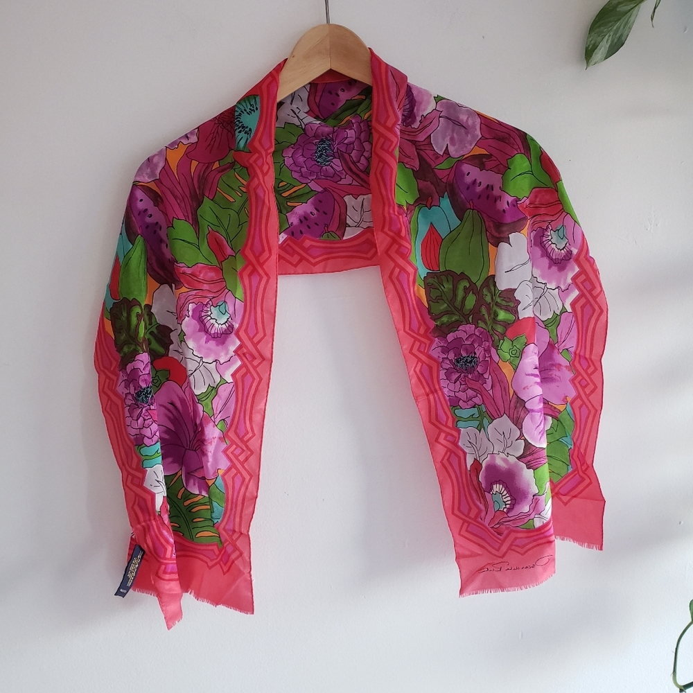 Vintage Oscar De La Renta Floral Garden Silk Print Bold Scarf Made in Japan